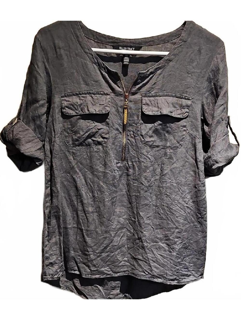 Ellen Tracy Linen Gray Women's Top With Gold Accents Size S